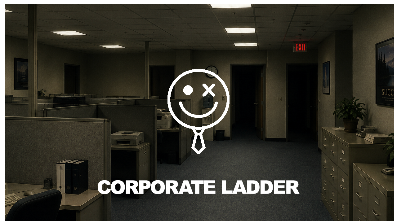 Corporate Ladder title art: white smiley in a tie and CORPORATE LADDER lettering over a dim office cubicle scene with red EXIT sign.