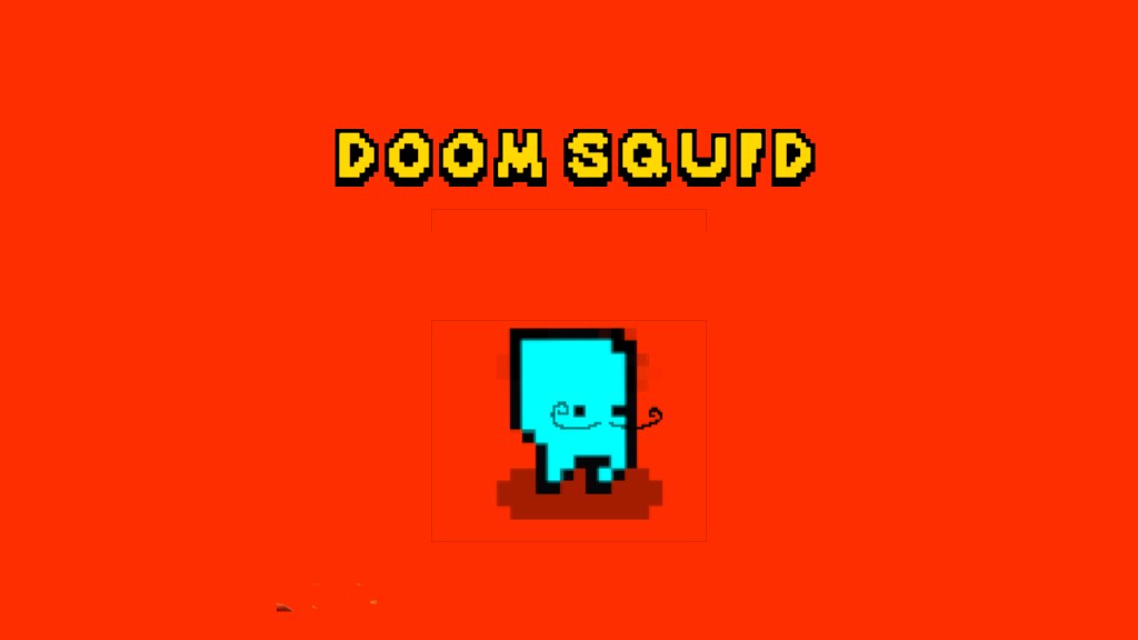 Doom Squid title art: yellow pixel DOOM SQUID text on orange with a small cyan squid character.